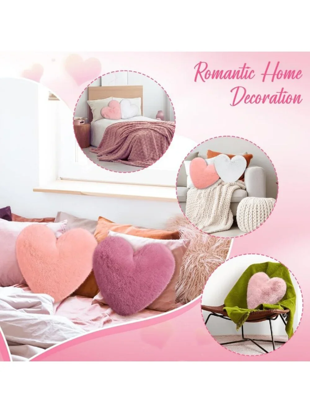 Cute Pink Heart Pillows Set of 12 | Soft Faux Fur Throw Cushions for Home Decor